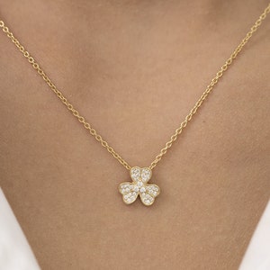 14k Solid Gold Diamond Clover Necklace - Lucky Irish Pendant
