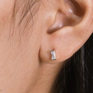 Baguette Cubic Zirconia Stud Earrings: 14k Solid Gold Minimalist Style