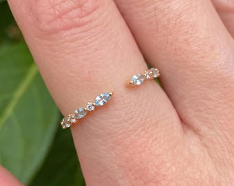 Delicate Aquamarine Open Cuff Ring | 14K Gold Plated Marquise Blue Topaz Ring | Stackable Dainty Gemstone Ring | Minimalist Gift for Her