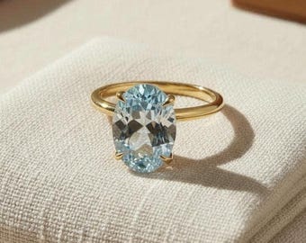 Oval Aquamarine Solitaire Ring | Minimalist Engagement Travel Ring | March Birthstone Dainty Ring