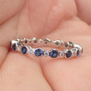 Blue Sapphires and Diamonds Wedding Band, Solid Gold Full Eternity Band, Bezel Set Stackable Band, Delicate Platinum Band