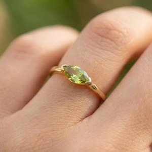 Marquise Peridot CZ Ring East West Style | Minimalist Lime Green Solitaire Travel Ring | August Birthstone Jewelry