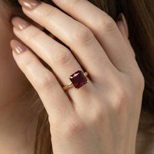 Engagement Gift Garnet Solitaire Ring Princess Cut January Birthstone Proposal Jewelry Anniversary Promise Ring