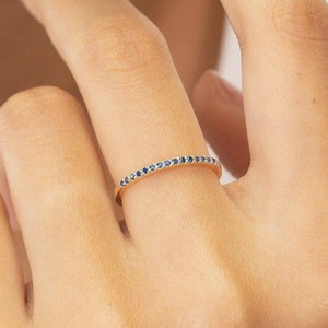 Micro Pave Blue Sapphire 14K Gold Wedding Band - Dainty Stacking Ring