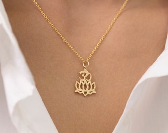 Lotus Flower Om Symbol Necklace, 14k Solid Gold Om Aum Lotus charm, Buddhism Talisman, Vibration of the Universe, Hindu yoga jewellery