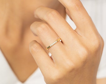 14k Solid Gold Five Diamond Ring: Dainty Stacking Band