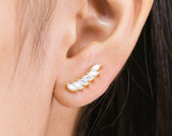 Marquise Row Diamond Ear Climbers, 14k Solid Gold Ear Crawler Earring, Long Ear Climbers, Dainty Earrings, Bridesmaid Gift