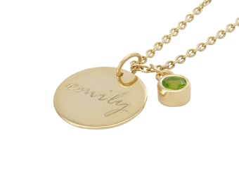 Personalized Disc Necklace, Bazel Set Peridot Necklace, August Birthstone Layered Necklace, 14k Solid Gold Necklace for Women