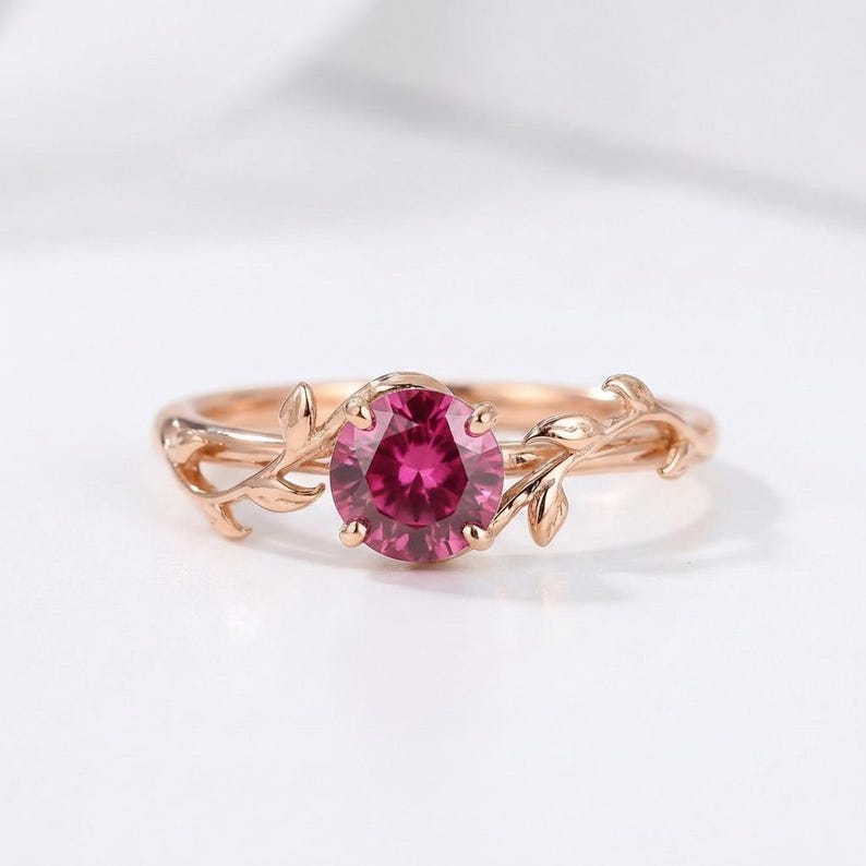 0,8 kt robijnen ring, vintage ronde robijn ring, op de natuur geïnspireerde wijnstok stapelring, ring geboortesteen juli afbeelding 8
