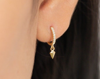 Geometric Hoop Earrings, 14k Solid Gold Diamond Spike Dangle Hoops, Huggie Hoop Earrings, Minimalist Earrings, Gift for Her