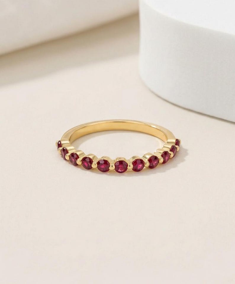 Classic Ruby Stackable Ring | 2.0 mm Single Prong Half Eternity Band | July Birthstone Wedding Ring image 7