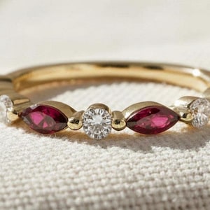 Art Deco Ruby Wedding Band, Half Eternity Stackable Wedding Ring, 18K Gold Matching Band, Gift for Her