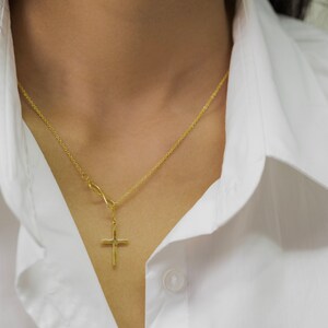 Infinity Cross Pendant Necklace, 14K Solid Gold Lariat Necklace, Infinity Luck Necklace, Religious Necklace for Women image 8