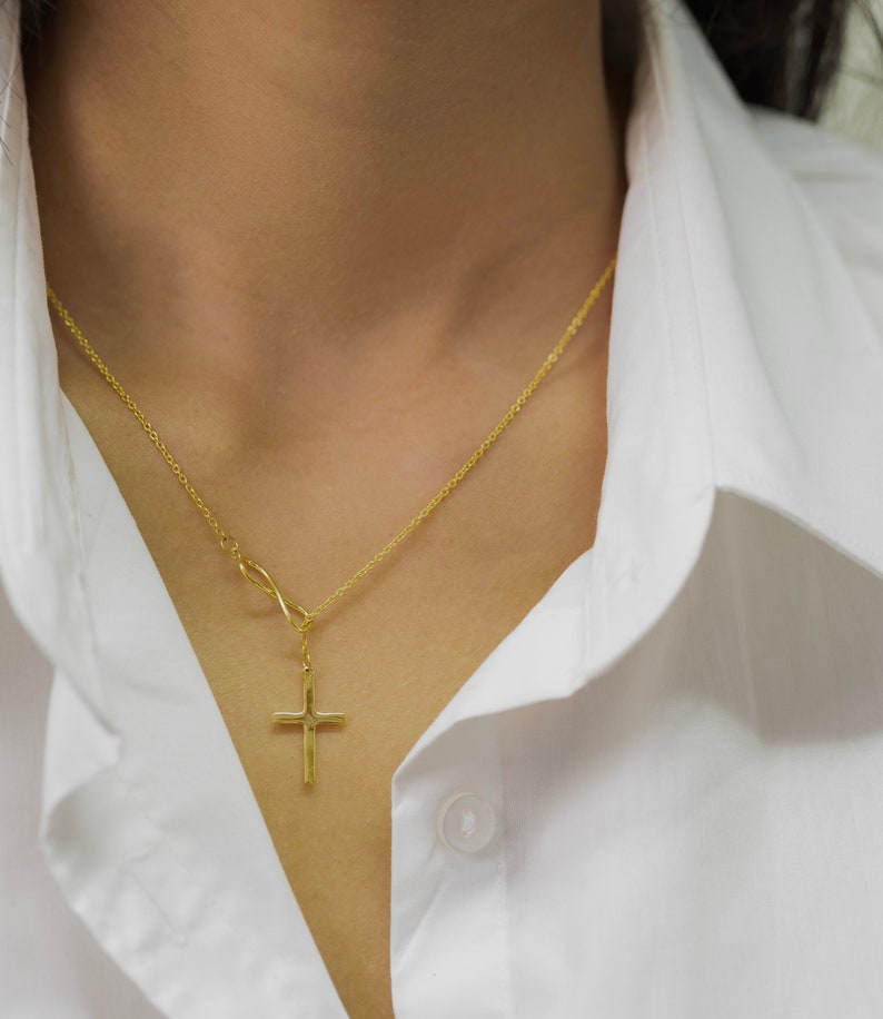 Infinity Cross Pendant Necklace, 14K Solid Gold Lariat Necklace, Infinity Luck Necklace, Religious Necklace for Women image 8