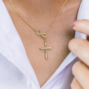 Infinity Cross Pendant Necklace, 14K Solid Gold Lariat Necklace, Infinity Luck Necklace, Religious Necklace for Women image 1