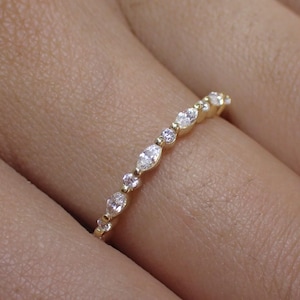 14K Solid Gold Art Deco Wedding Band, Marquise Diamond Band, Half Eternity Stckable Ring