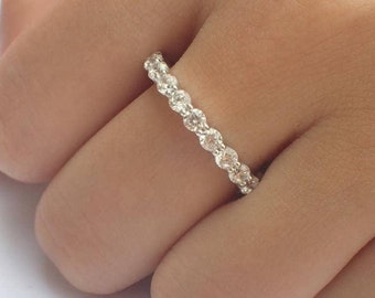 2.0mm Shared Prong Ring, Full Eternity Diamond Wedding Band, 14k Solid Gold Shared Prong Ring, Delicate Stackable Band