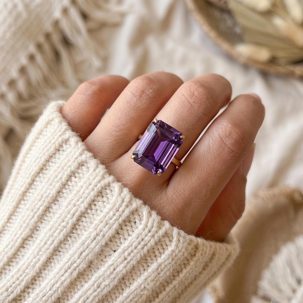Elegant Large Amethyst Ring 12x16 | Emerald Cut 14K Gold Statement ...