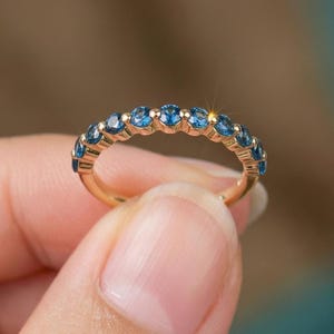 2.0 mm Single Prong London Blue Topaz Ring, November Birthstone, Half Eternity Stackable Band, Bubble Band Gift for Her