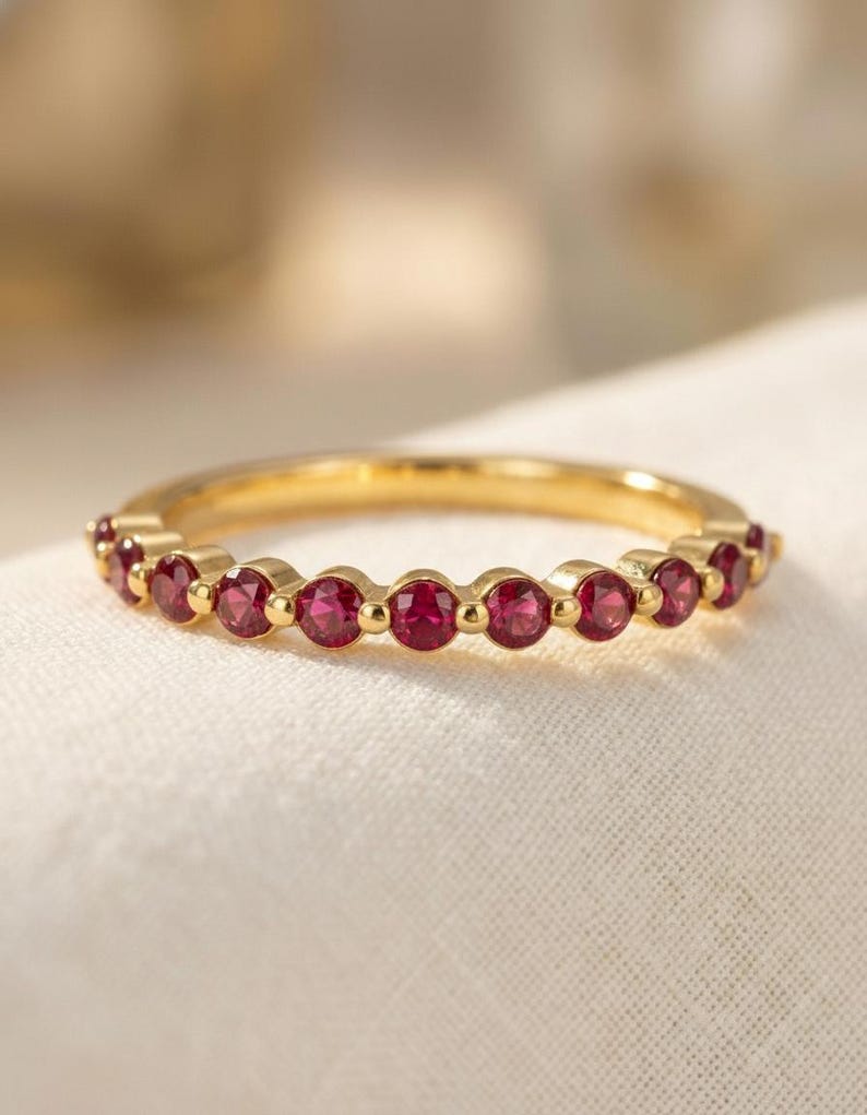 Classic Ruby Stackable Ring | 2.0 mm Single Prong Half Eternity Band | July Birthstone Wedding Ring image 1
