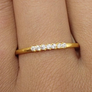 14k Gold Diamond Wedding Band: Thin Stackable Ring, April Birthstone