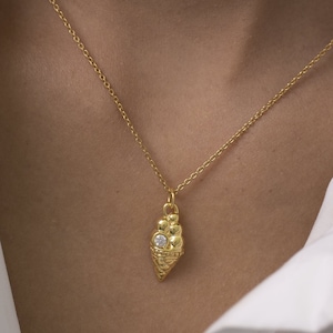 14K Solid Gold Ice Cream Cone Necklace: White Sapphire Pendant