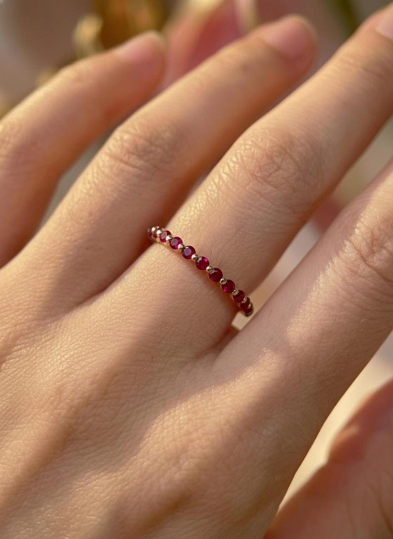 Classic Ruby Stackable Ring | 2.0 mm Single Prong Half Eternity Band | July Birthstone Wedding Ring image 9