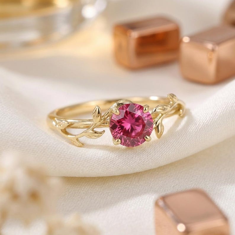0,8 kt robijnen ring, vintage ronde robijn ring, op de natuur geïnspireerde wijnstok stapelring, ring geboortesteen juli afbeelding 4
