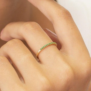 Micro Pave Emerald Wedding Band, 14K Solid Gold Dainty Stackable Band, May Birthstones, Stacking Ring