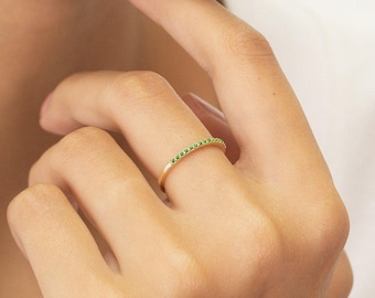 Micro Pave Emerald Wedding Band, 14K Solid Gold Dainty Stackable Band, May Birthstones, Stacking Ring