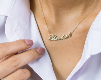 Elizabeth Name Necklace, 14k Solid Gold Nameplate Necklace, Personalized Necklace Gifts for Women, Anniversary Gifts