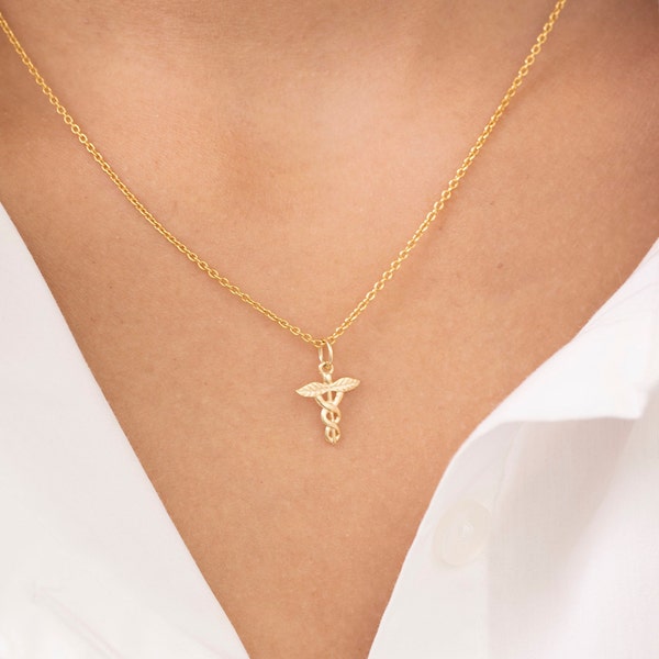 Caduceus Necklace, Medical Symbol Jewelry,  Gift for Doctor Nurse or Medical Student, 14K Solid Gold Gift for RN, Valentine Day Sale