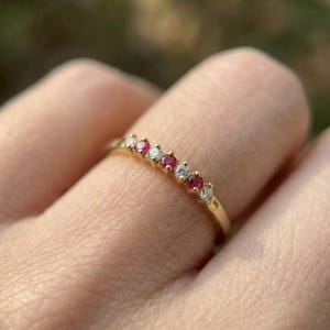 Seven Stone Ruby and Diamond Wedding Band, Seven Years Anniversary Band, Dainty Wedding Band, July Birthstones Ring