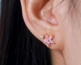 Aretes de estrella con zafiro rosa: Aretes de flor de oro macizo de 14 quilates