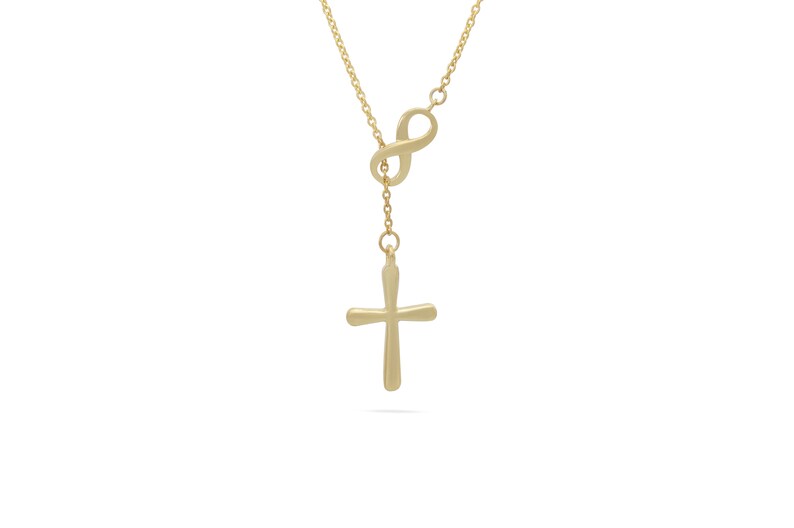 Infinity Cross Pendant Necklace, 14K Solid Gold Lariat Necklace, Infinity Luck Necklace, Religious Necklace for Women image 3