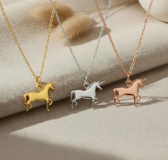 14Kソリッドゴールドユニコーンネックレス：妖精の馬ペンダント、動物 