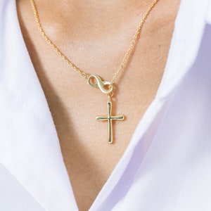 Infinity Cross Pendant Necklace, 14K Solid Gold Lariat Necklace, Infinity Luck Necklace, Religious Necklace for Women image 7