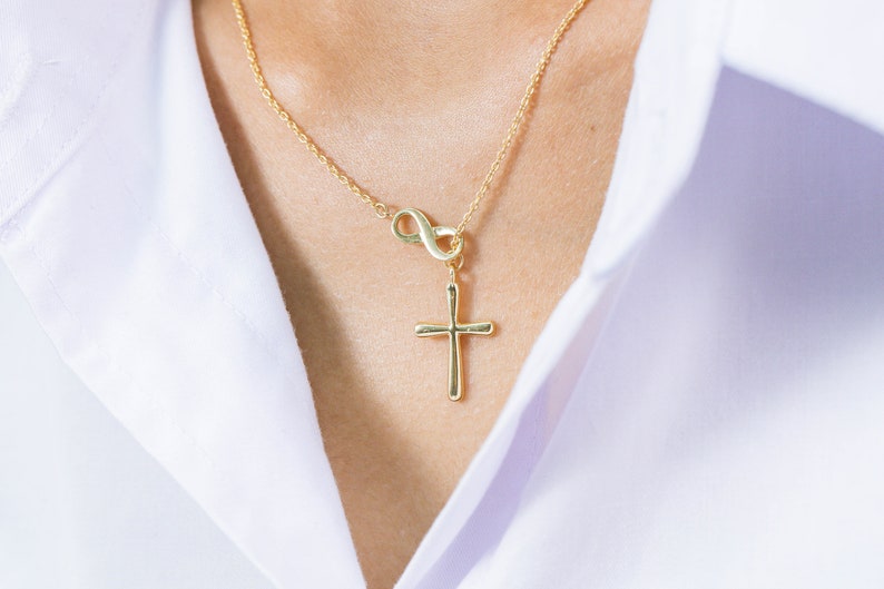 Infinity Cross Pendant Necklace, 14K Solid Gold Lariat Necklace, Infinity Luck Necklace, Religious Necklace for Women image 7