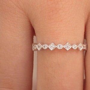14k Gold Art Deco Wedding Band, Square Dot Art Deco Half Eternity Band, Bridal Art Deco Band