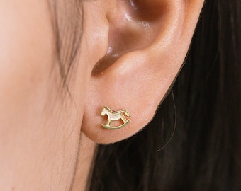 Rocking Horse Stud Earrings, 14K Solid Gold Horse Earrings, Gift for Your Little Daughter, Gift for Animal Lover