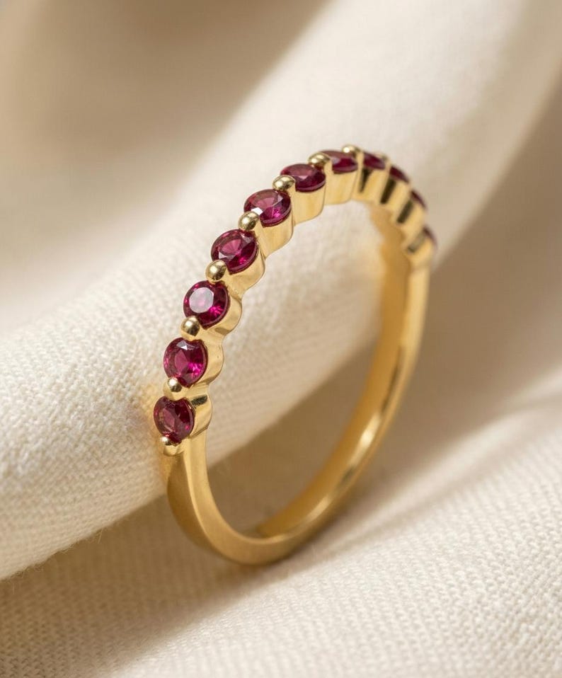 Classic Ruby Stackable Ring | 2.0 mm Single Prong Half Eternity Band | July Birthstone Wedding Ring image 5