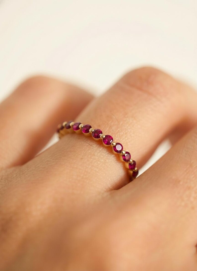 Classic Ruby Stackable Ring | 2.0 mm Single Prong Half Eternity Band | July Birthstone Wedding Ring image 4