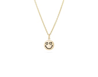 Smiley Face Necklace, Happy Face Jewellery, 14K Solid Gold Emoji Smiley Face, Gift For Her, Smiley Pendant