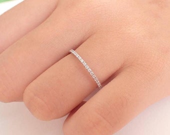 Platinum Diamond Wedding Band, 1.3mm Half Eternity Band, Thin Dainty Stackable Band, VS F-G High-Grade Diamond Band