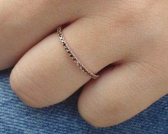 Half Eternity Black Diamond Ring, Pave Diamond Band, Thin Diamond Band, Micro Pave Band, Thin Black Diamond