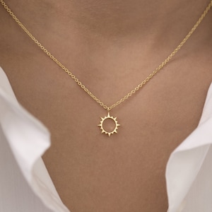 14K Solid Gold Sun Pendant Necklace: Minimalist Sunburst Jewelry