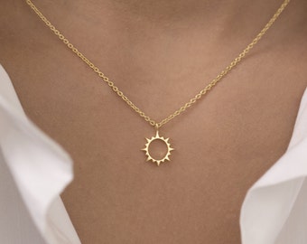 Sun Pendant Necklace, 14K Solid Gold Sunshine Necklace, Minimalist Sunburst Necklace, Dainty Necklace for Women, Valentine Day Sale