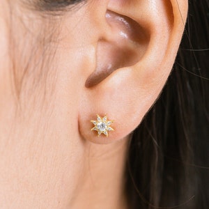 Sun Stud Earrings, 14K Gold Diamond Stud Earrings, Screw Back Diamond Studs, Minimalist Dainty Earrings, Sunburst Earrings