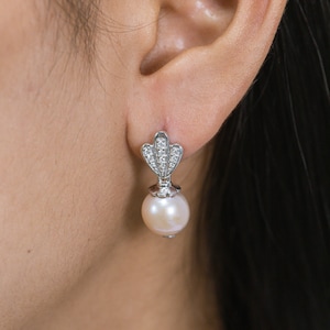 Dangle Drop Pearl Stud Earrings, Pearl Stud Droplet Earrings, 14K Solid Gold Diamond Drop Earrings