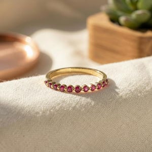 Classic Ruby Stackable Ring | 2.0 mm Single Prong Half Eternity Band | July Birthstone Wedding Ring image 8
